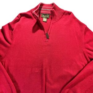 Eddie Bauer Mens XL Red Cotton Cashmere Blend Quarter Zip Mock Neck Sweater